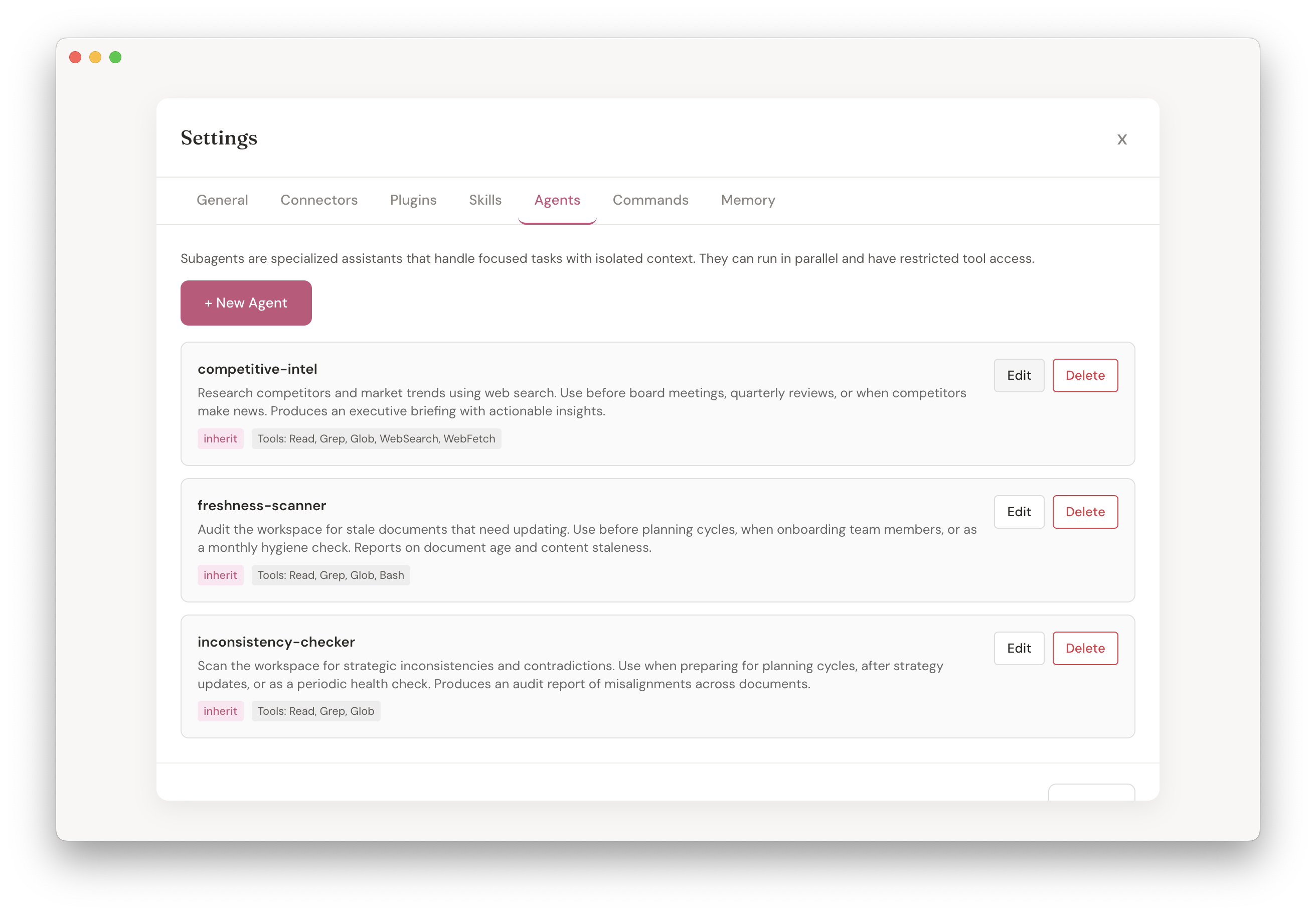 Kowalah Reserved agents panel showing competitive intel, freshness scanner, and inconsistency checker agents