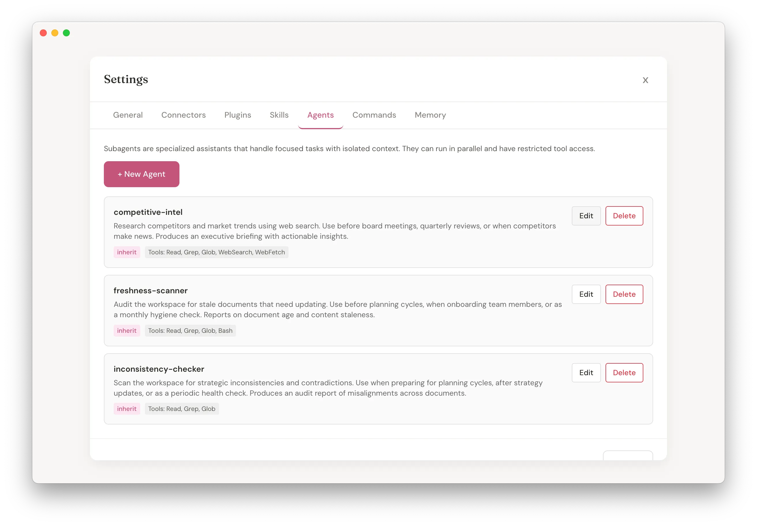 Kowalah Reserved agents panel showing competitive intel, freshness scanner, and inconsistency checker agents