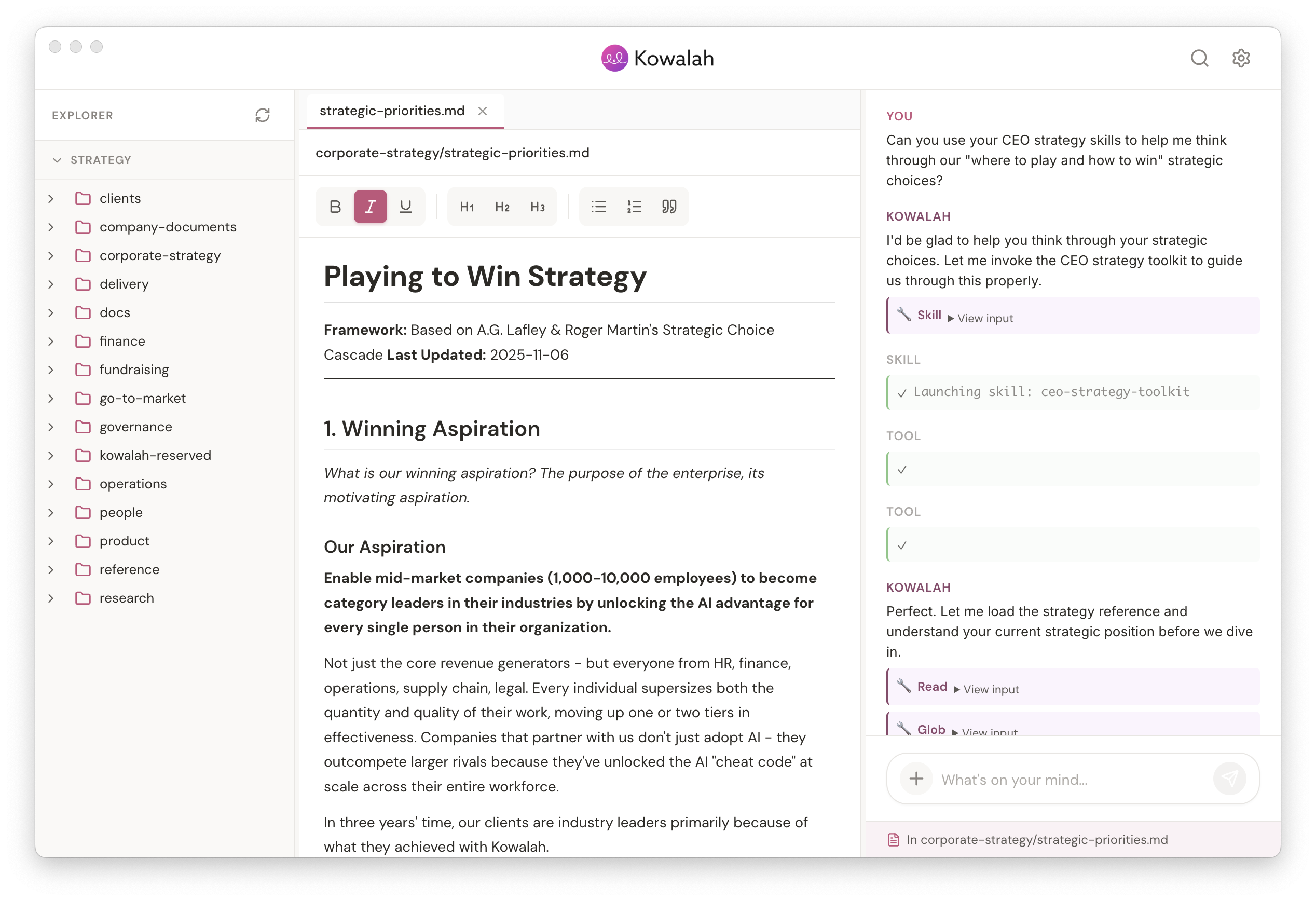 Kowalah Reserved chat interface showing a strategic conversation about Playing to Win strategy