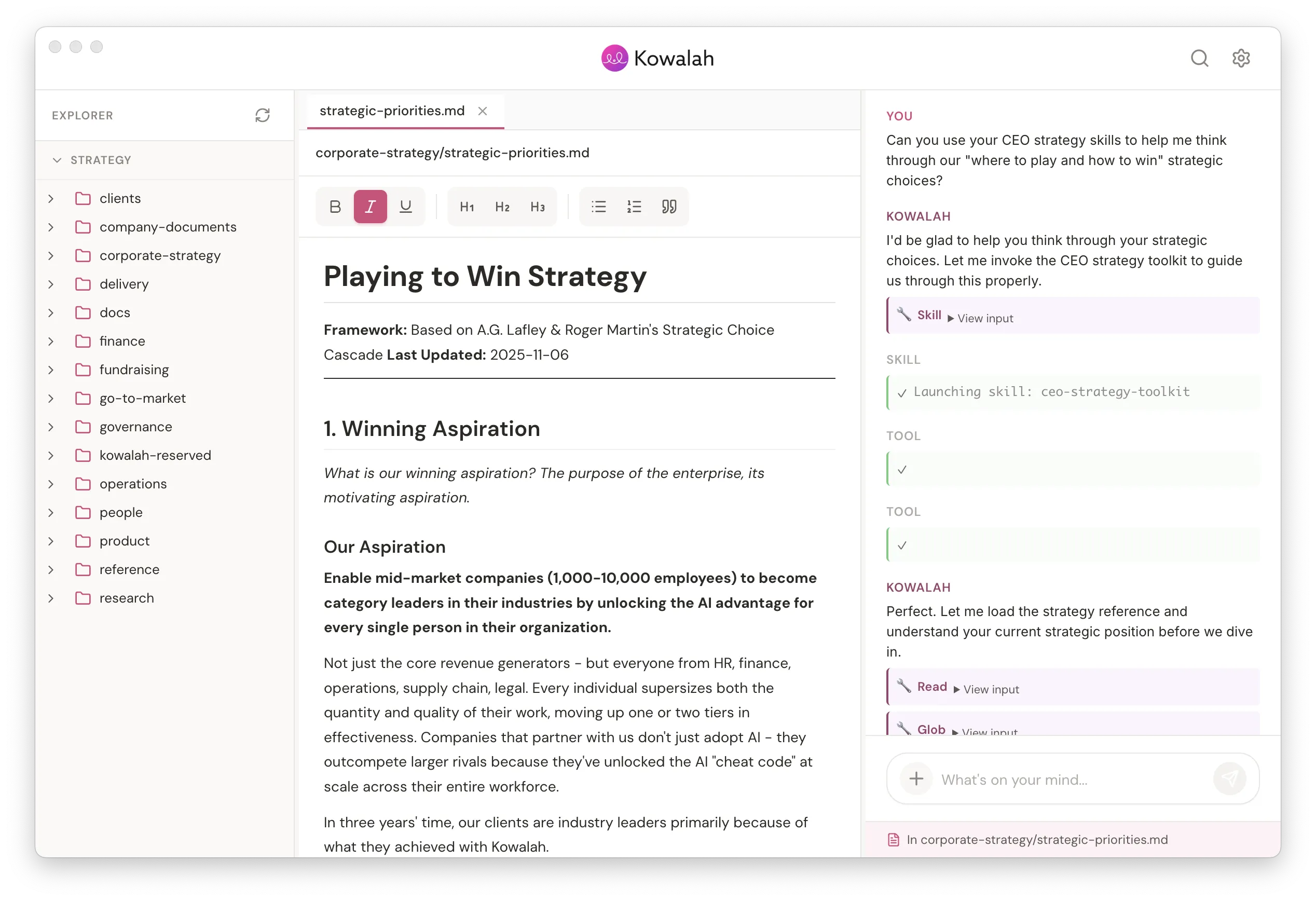 Kowalah Reserved chat interface showing a strategic conversation about Playing to Win strategy
