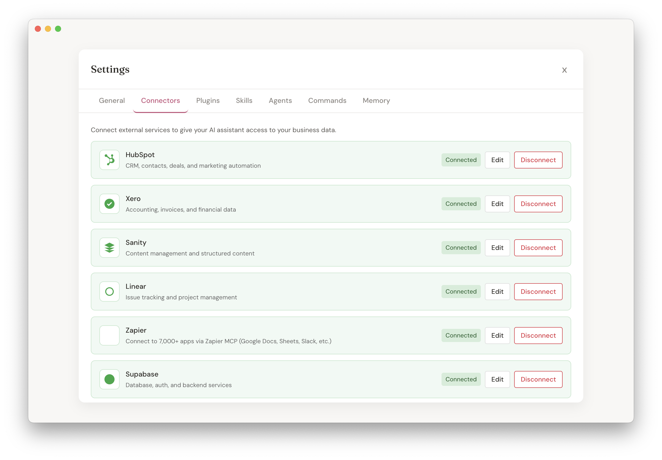 Kowalah Reserved connectors panel showing HubSpot, Xero, Linear, and Zapier integrations