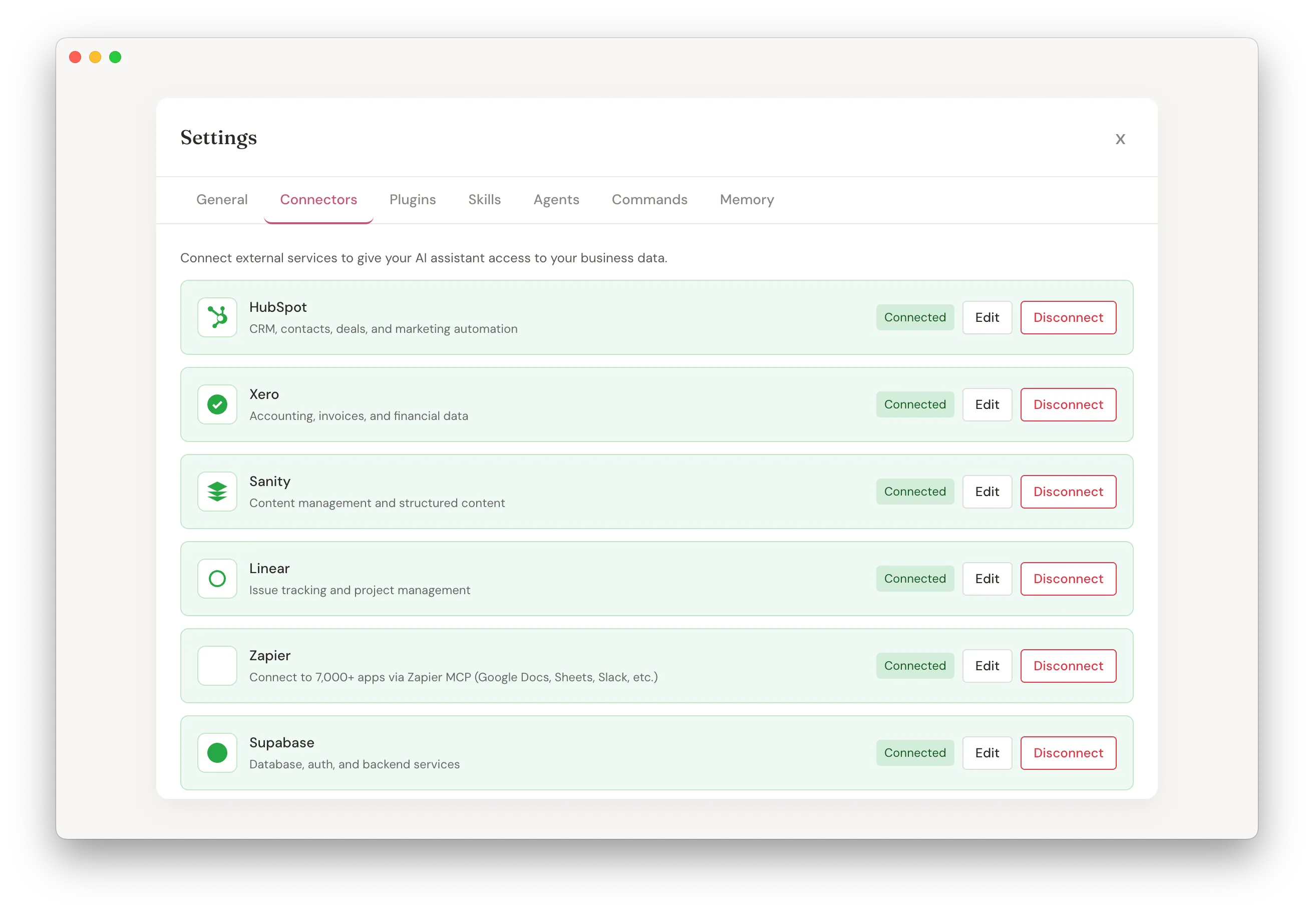 Kowalah Reserved connectors panel showing HubSpot, Xero, Linear, and Zapier integrations