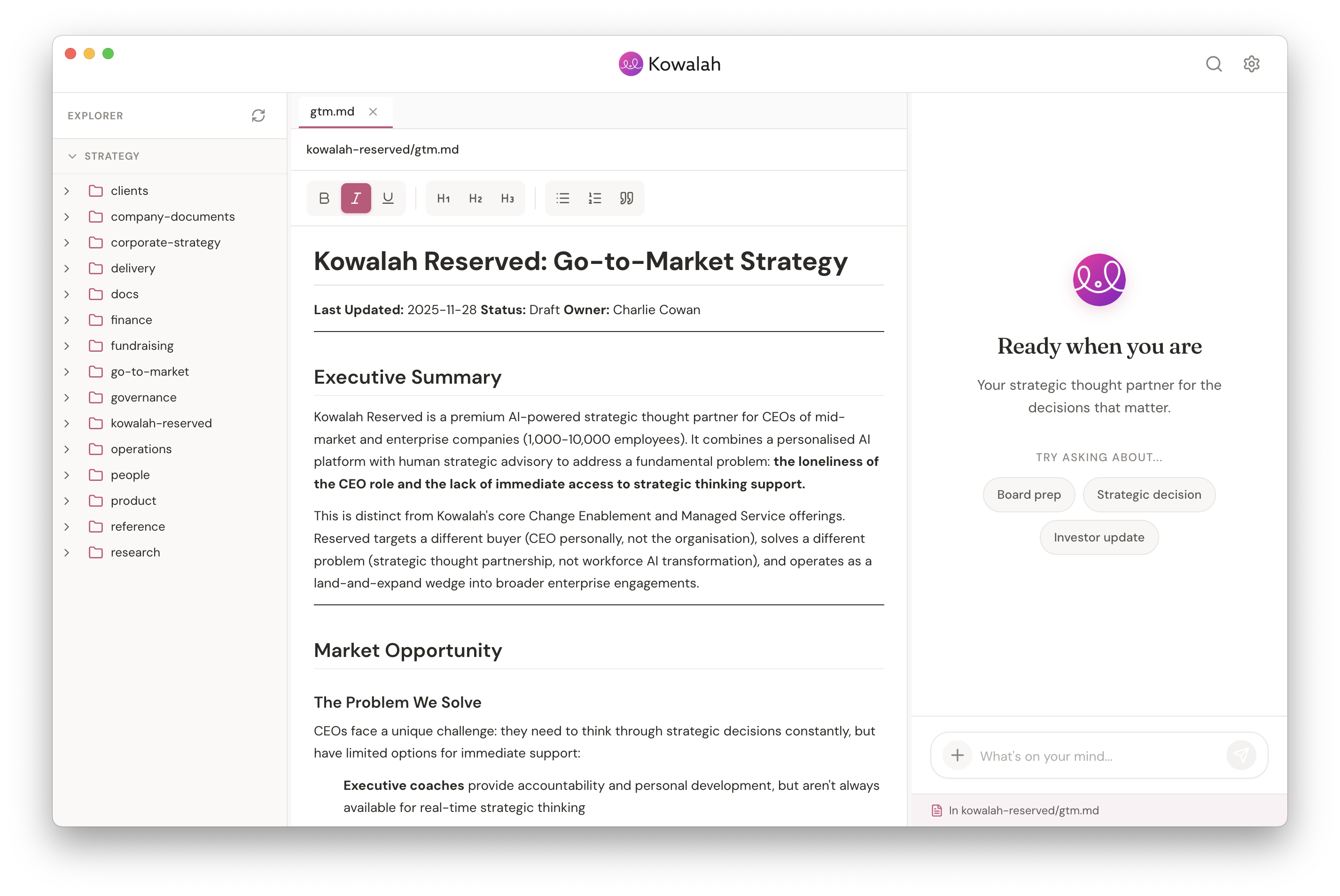 Kowalah Reserved desktop application showing strategic document editing with AI assistant