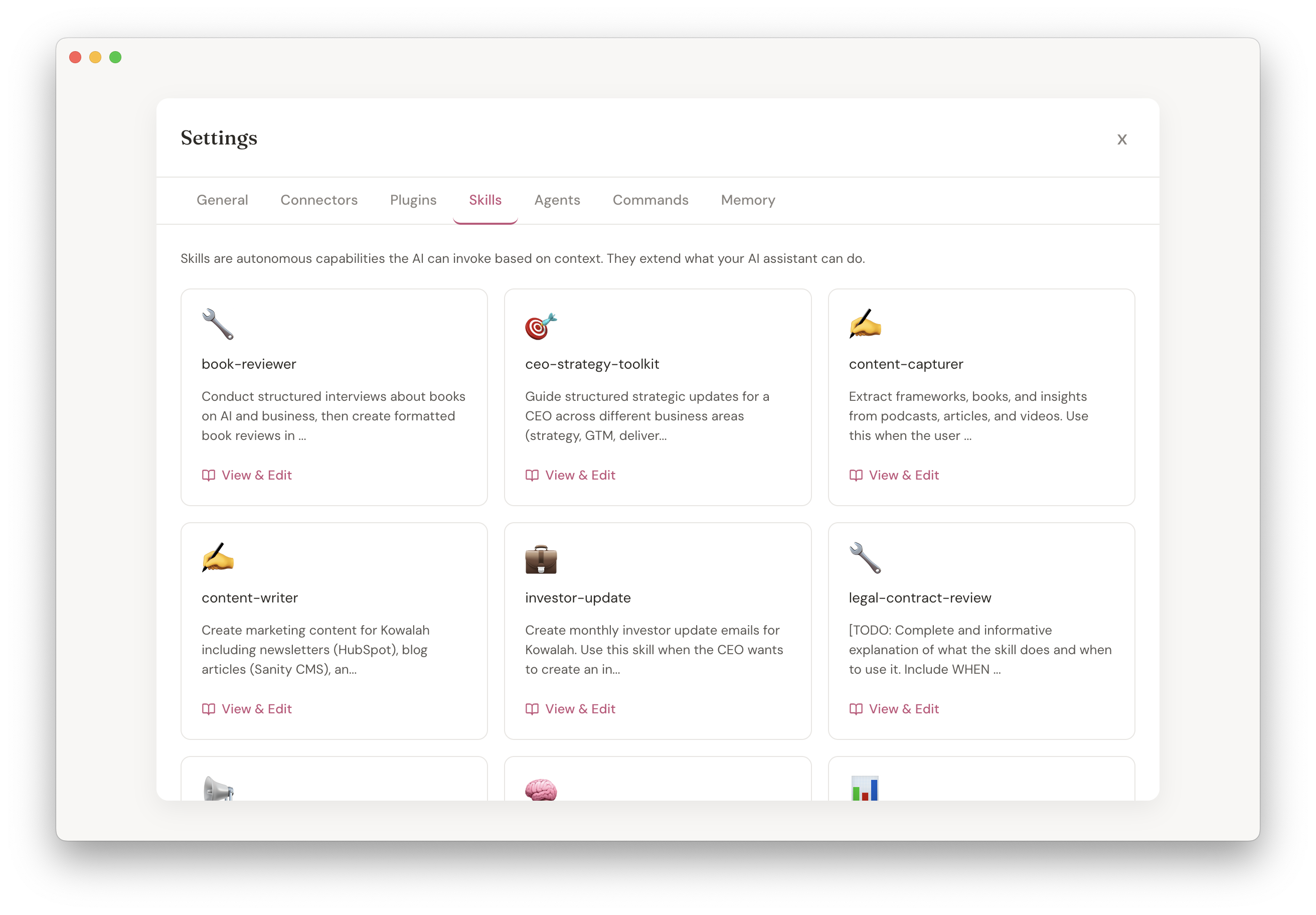 Kowalah Reserved skills panel showing CEO strategy toolkit, content capturer, and investor update skills