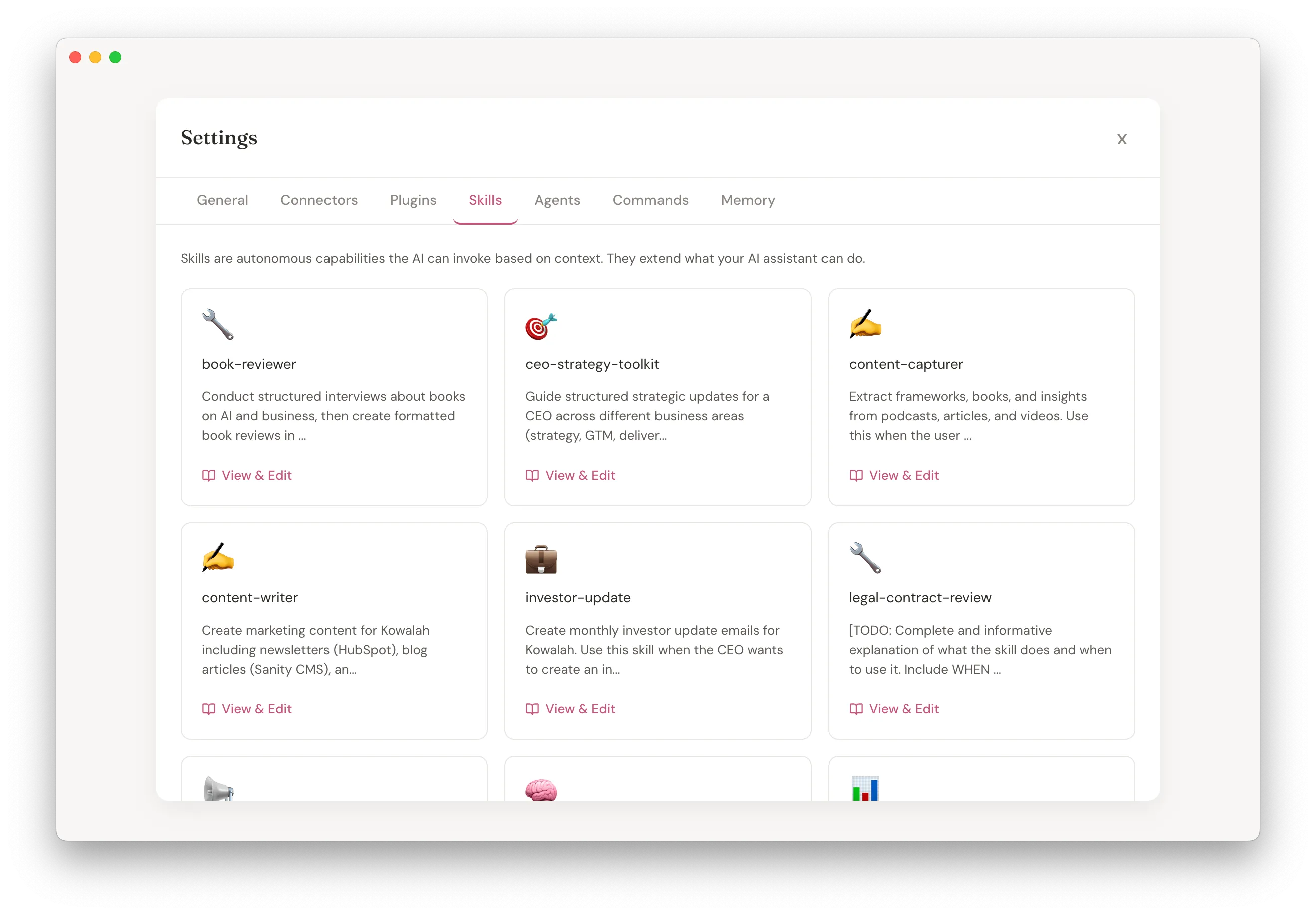 Kowalah Reserved skills panel showing executive strategy toolkit, content capturer, and investor update skills